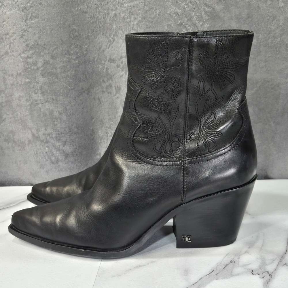 Sam Edelman Wilda Western Boots Womens 9 Black Leather Embroidered Pointed Ankle - Picture 3 of 10